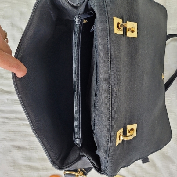 Navy blue shoulder bag long strap short handle satchel gold accents grandma chic - Picture 6 of 11